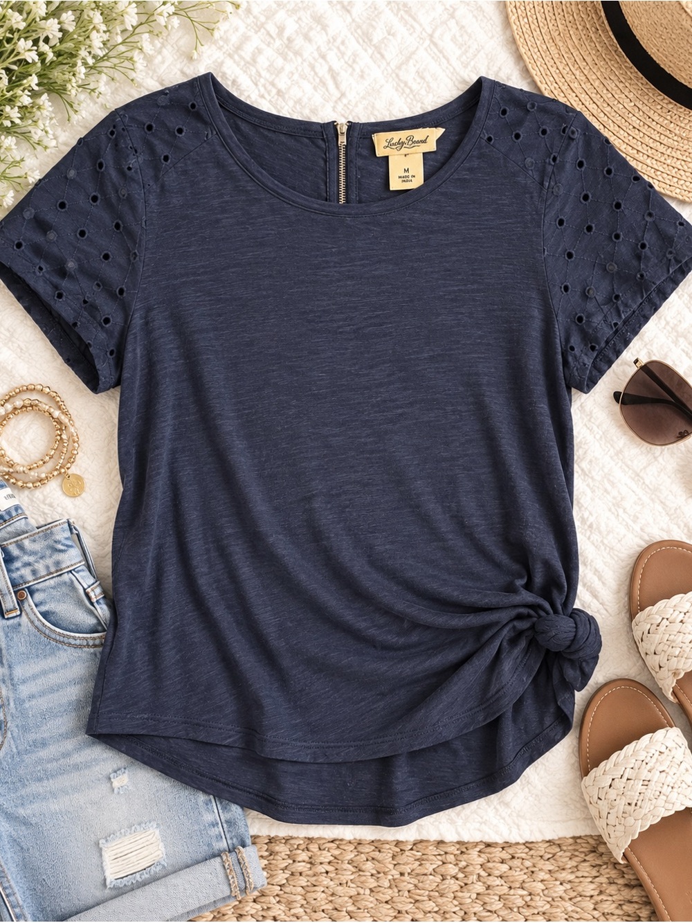 Lucky Brand Navy Blue Eyelet Short Sleeve Top Back Zipper Size M